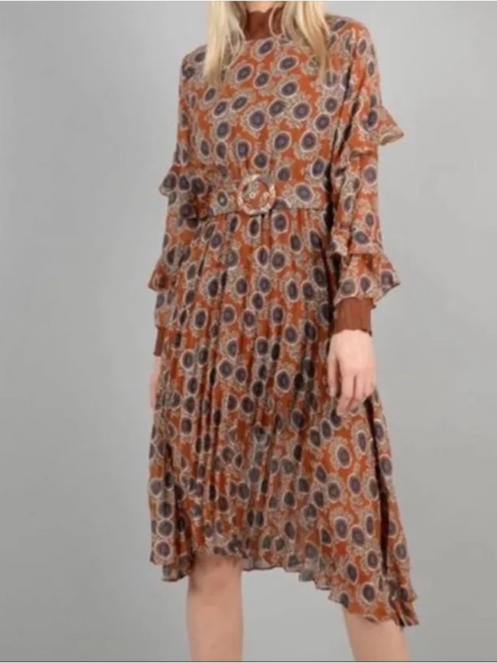 Molly Bracken Rust Printed Long-Sleeve Ruffled Midi Dress